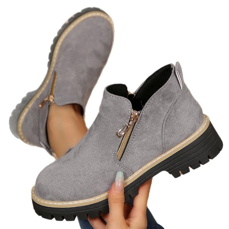 Plus-size Shoes, Double Zipper Thick-soled Boots, Women's Short Boots with Round Heads, Thick Heels and Bare Boots