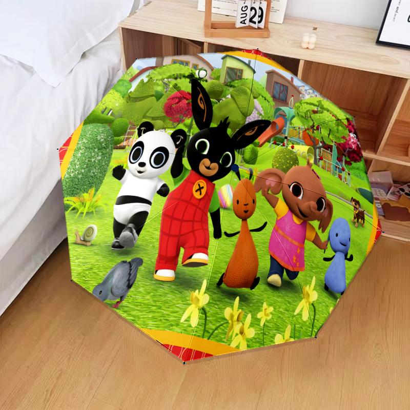 rabbit Bing Friends Garden Party Automatic Folding Umbrella - 8-Rib Travel Umbrella with Auto Open/Close & Portable Gifts for holidays or birthdays