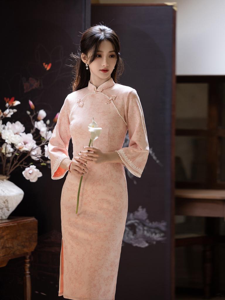 Pink autumn and winter suede inverted big-sleeved cheongsam 1011 new women's new Chinese style improved young girl's high sense