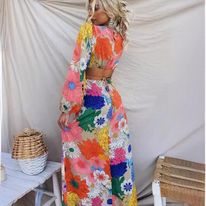 VEZFAA Women's Fashion Spring Fall Flower Pattern Print Long Sleeve O-Neck High Waist Casual Dresses