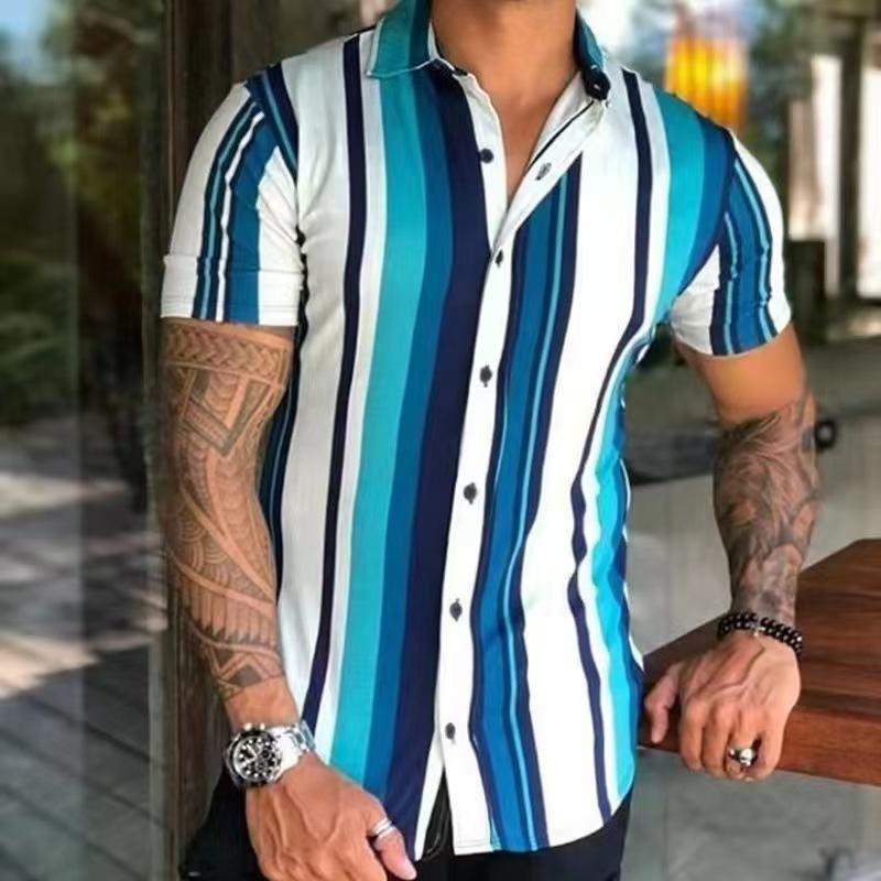 Men's Hawaiian Beach Shirt 3D Print Stripe Stitching Tee Top Casual Short Sleeve Button Holiday Shirts Mens Streetwear