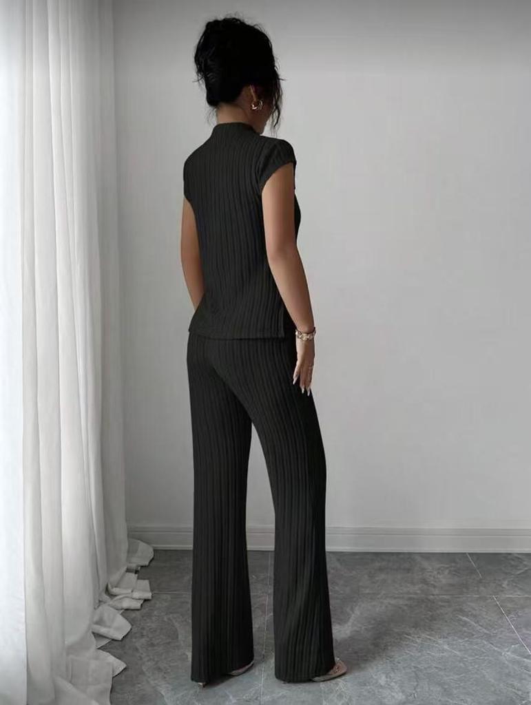 European Women's Solid Color Short-sleeve T-shirt & Ribbed Pants Set - 2025 Style