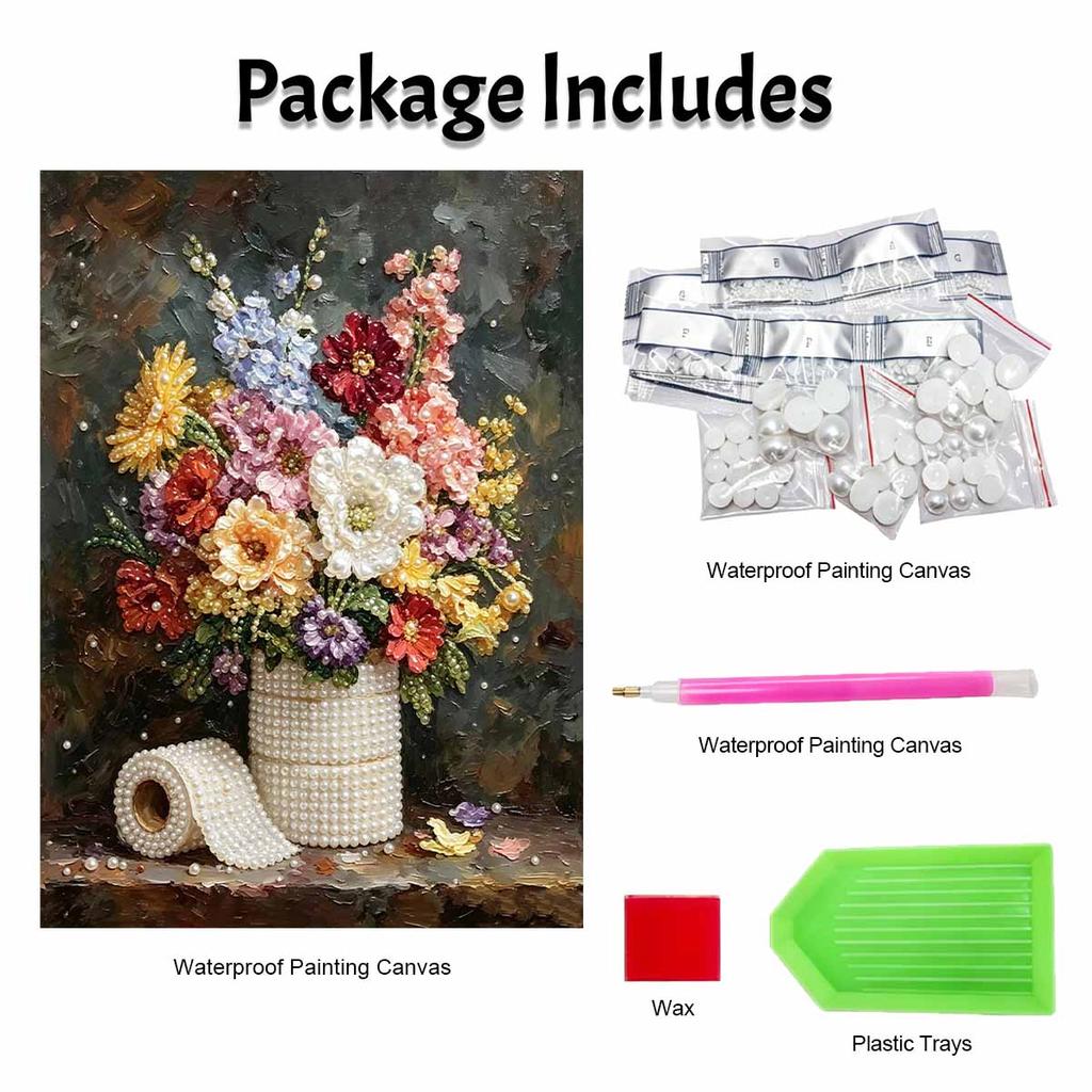 DIY Pearl and Diamond Painting Kit for Adults and Beginners. Sparkling Flower Bouquet Craft Art. Home Wall Decor and Handmade Gifts