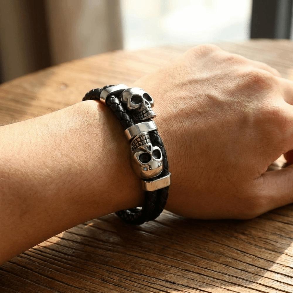 Punk Style Leather Braided Bracelets Unique Magnetic Hand Chain Gothic Skull Wristband Anniversary