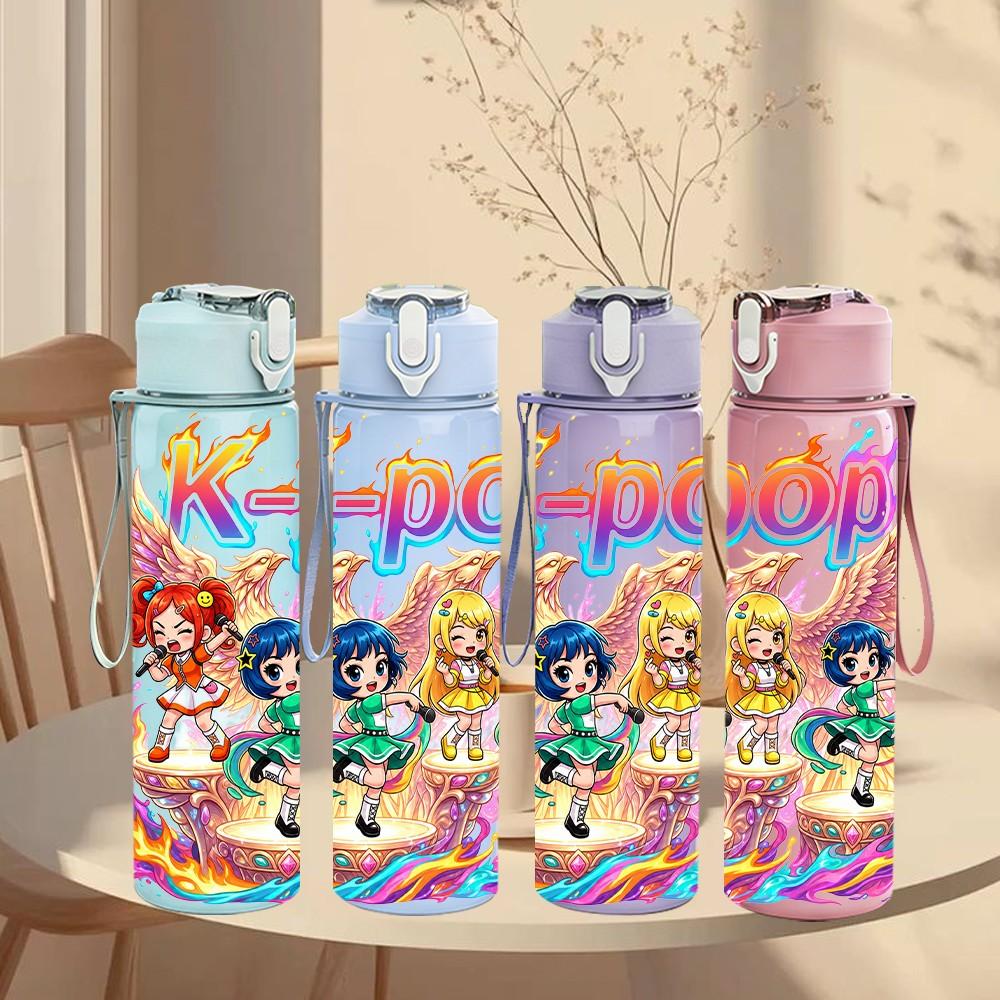 1PC Kpop Pastel Girls Cartoon Pattern 750ml Color Plastic Sports Water Bottle Leakproof Flip Straw Lid Suitable for Sports Office Home Use