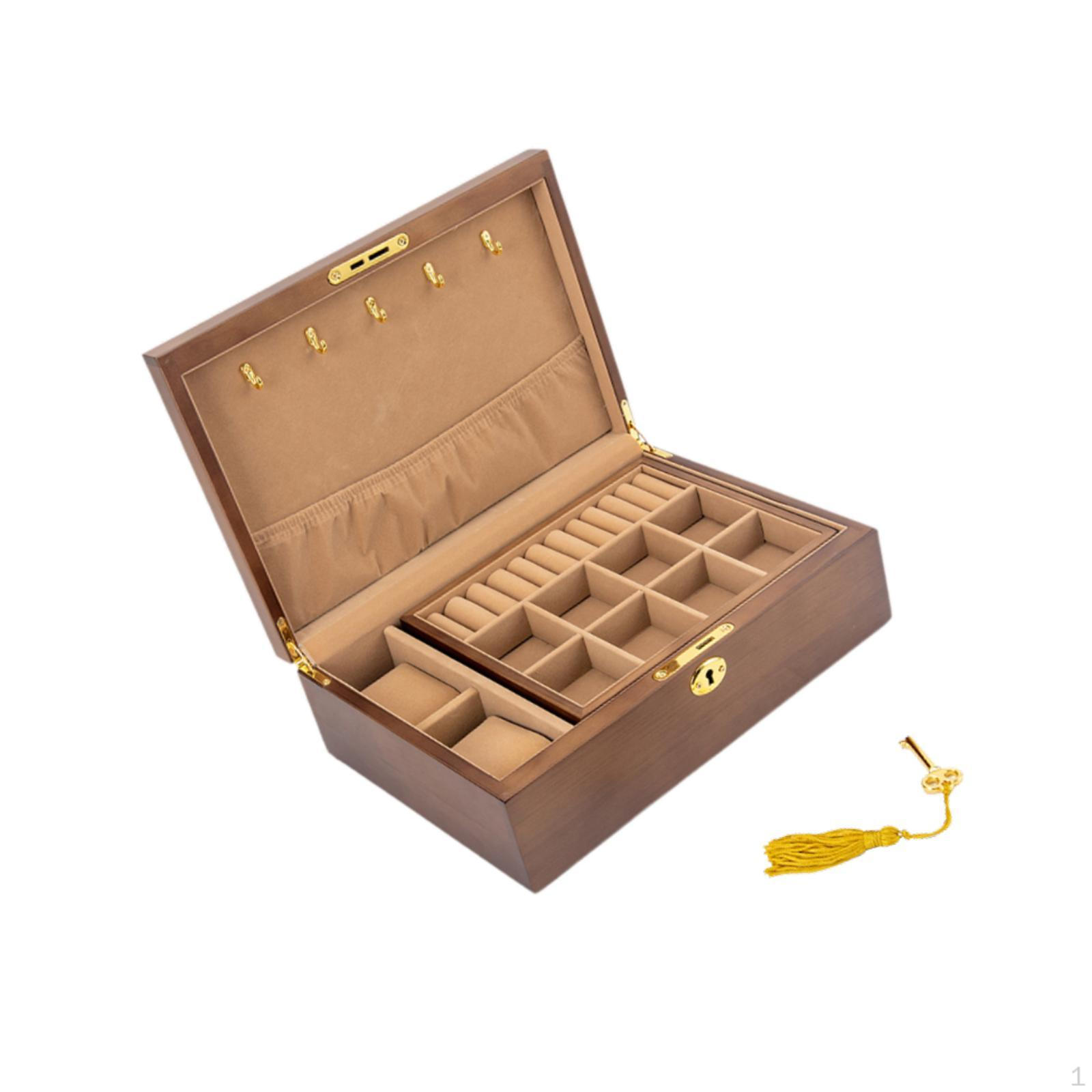 

Деревянная шкатулка для украшений с замком и ключом, 2 слоя для хранения браслетов, ожерелий Style C