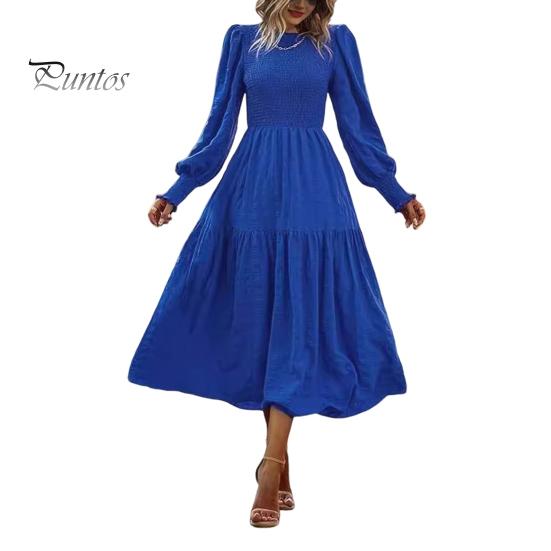 

Осенне-весеннее женское платье с длинными рукавами-фонариками, трапециевидной формы, с круглым вырезом, однотонное плиссированное платье в стиле бохо, миди, платье для вечеринок и свиданий XL синий