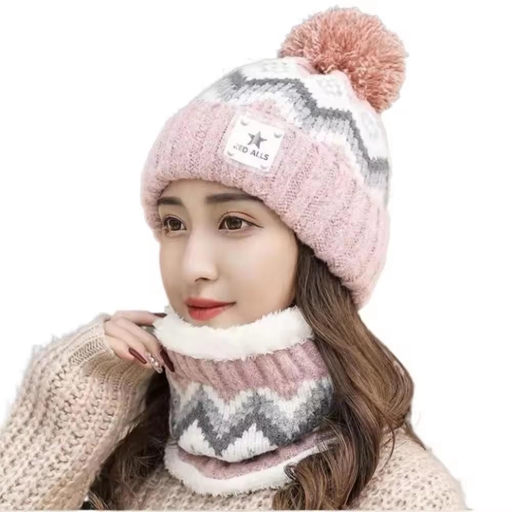 2PCS Winter Women Plush Velvet Hats Neck Warmer Hat Scarf Set Beanies Cycling Windproof Hat Outdoor Ear Protection