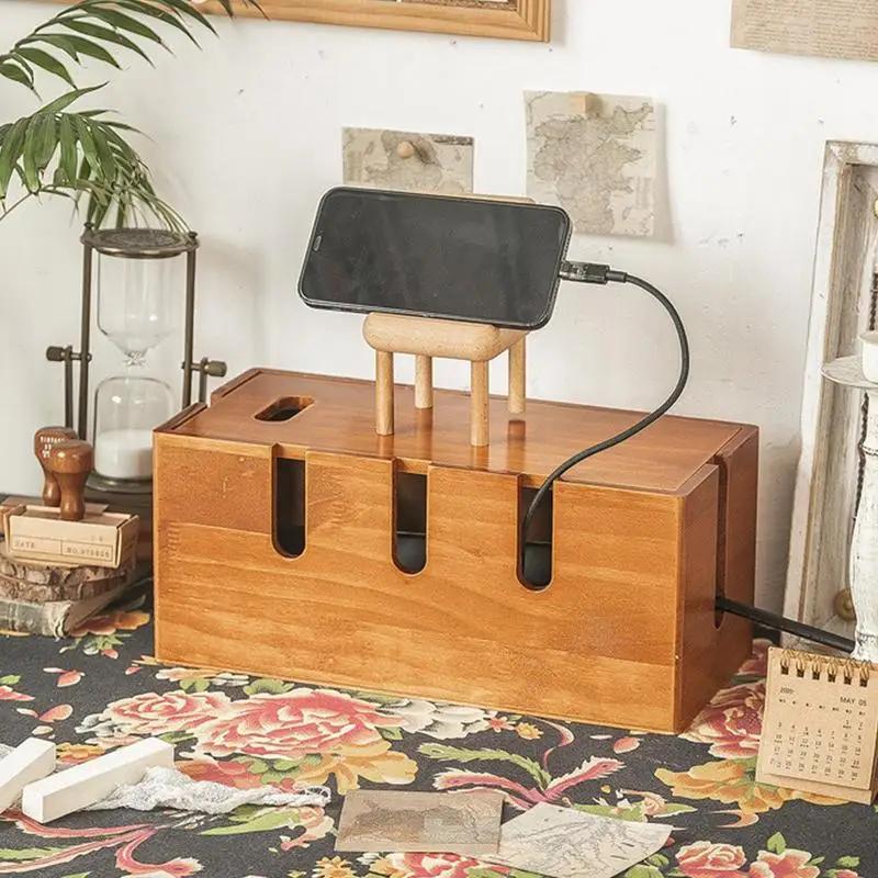 Wood Cable Organizer Box for Extension Cord Power Stripe Surge Protector Wire Management Organizer Cover Hider for Desktop