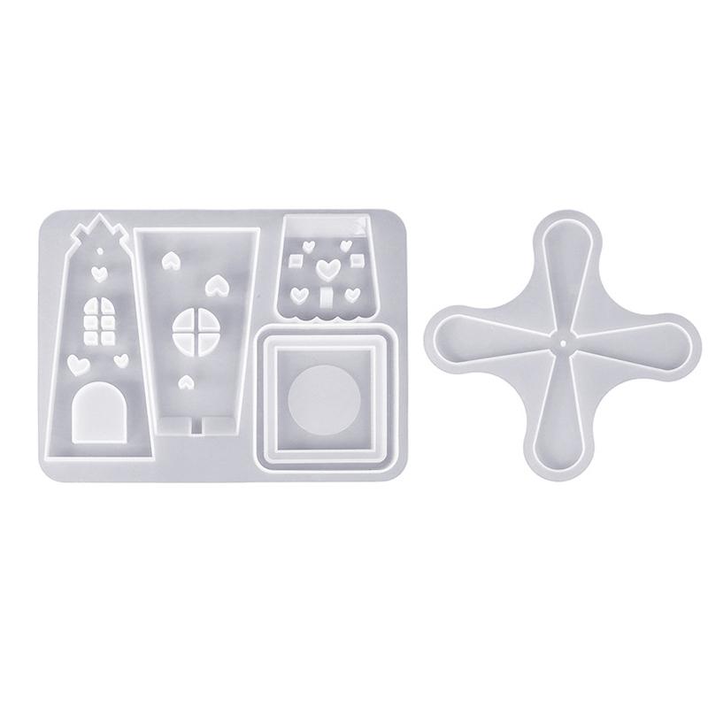 

2PCS DIY Drip Glue Rotating Windmill Candlestick Silicone Mold Hollow Splicing Small House Candle Gypsum Pendulum Decoration Mold