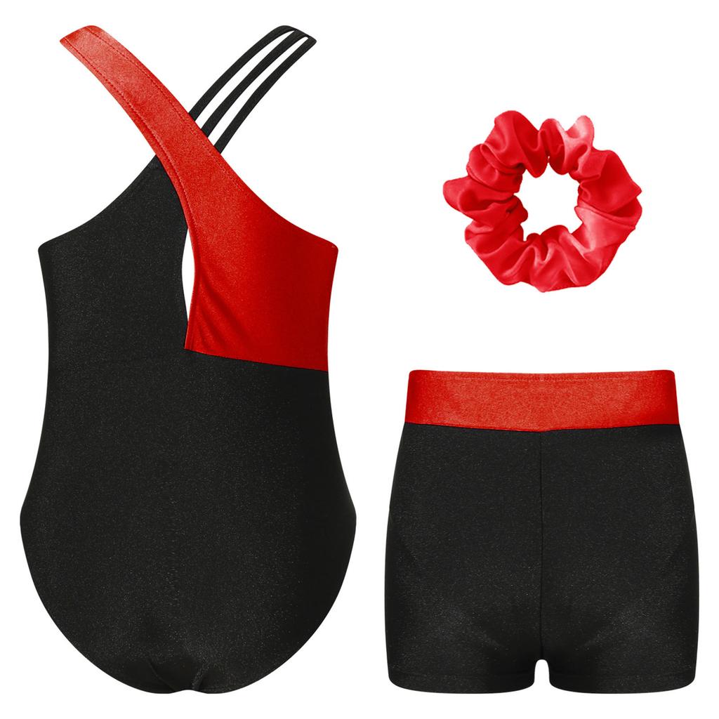 Girls Gymnastics Outfit Set Sleeveless Rhinestone Leotard with Matching Shorts and Hair Accessory