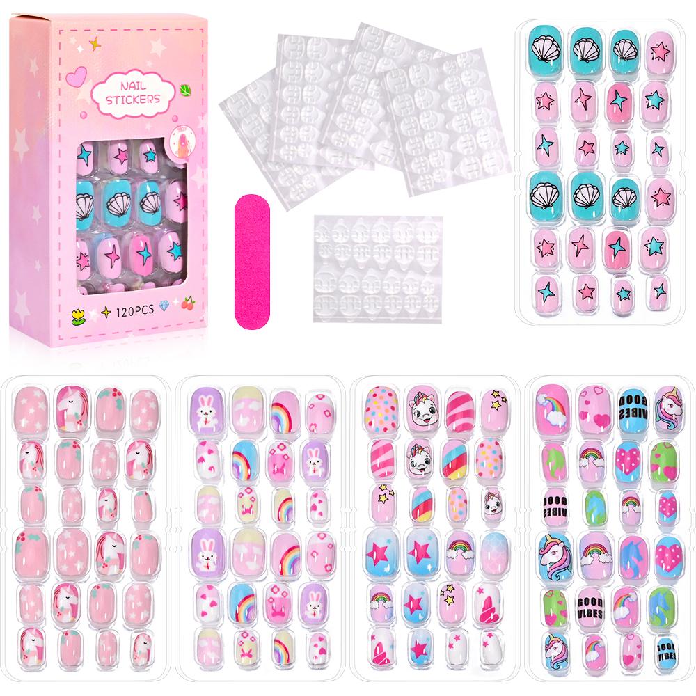 120Pcs Kids French Tip Press On Nails Short Round Pink Black Heart Flower Design Reusable False Nail Tips