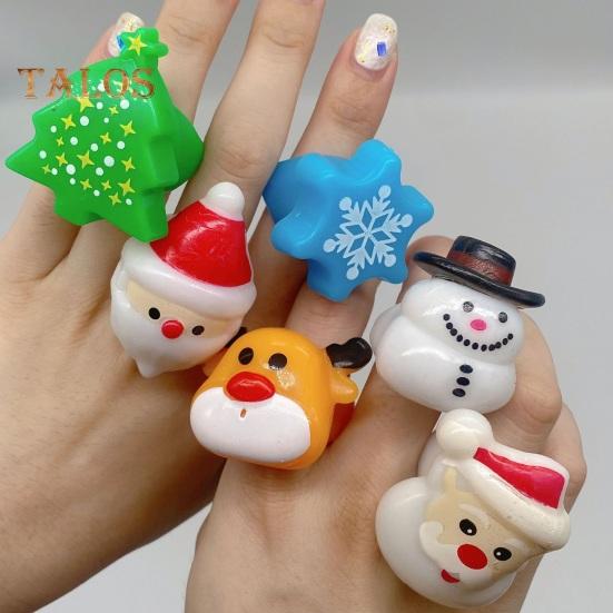 6/24Pcs Christmas Ring Holiday Party Finger Lights Santa Snowflake Tree Snowman Reindeer Glowing Ring Festive Light-up Toys