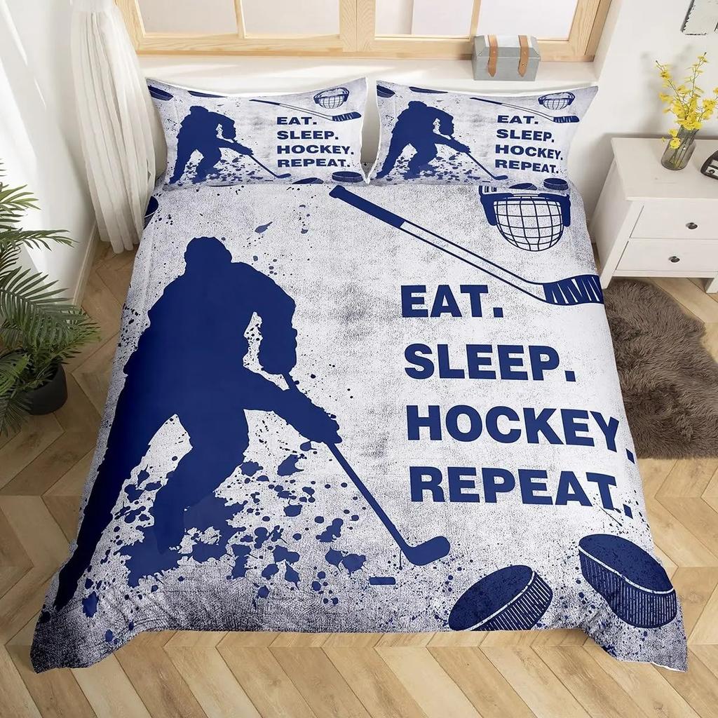 Eishockey Bettbezug Helm Schlittschuhe Bettdeckenbezug Winter Eis Sport Spiele Bettwäsche-Set für Jungen Puck Hockeyspieler Steppdeckenbezug