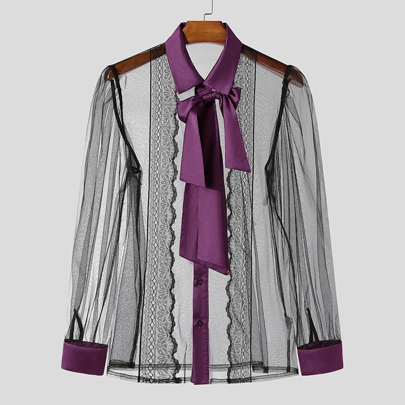 

INCERUN Чоловічі сорочки з краваткою-метеликом на шиї, сітчастими вставками, мереживом, на ґудзиках, для вечірок, клубні топи 4XL фіолетовий