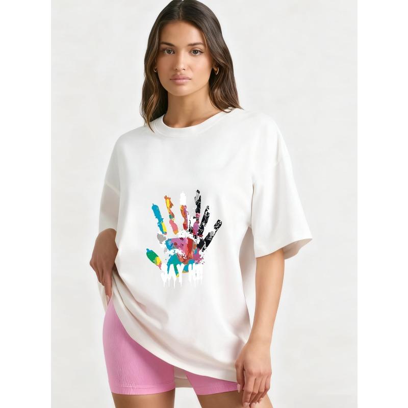 Nadměrné tričko černé s barevným otiskem ruky a grafickým potiskem Say Hi, ležérní oblečení pro ženy, streetwearová móda, letní top