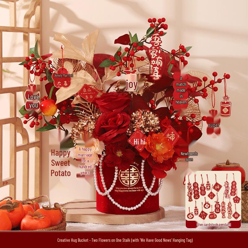Engagement & Wedding Ornaments: Room Decor Bouquet & Double Happiness Bucket Set for Newlyweds - Ideal for Master Bedroom & Living Room.