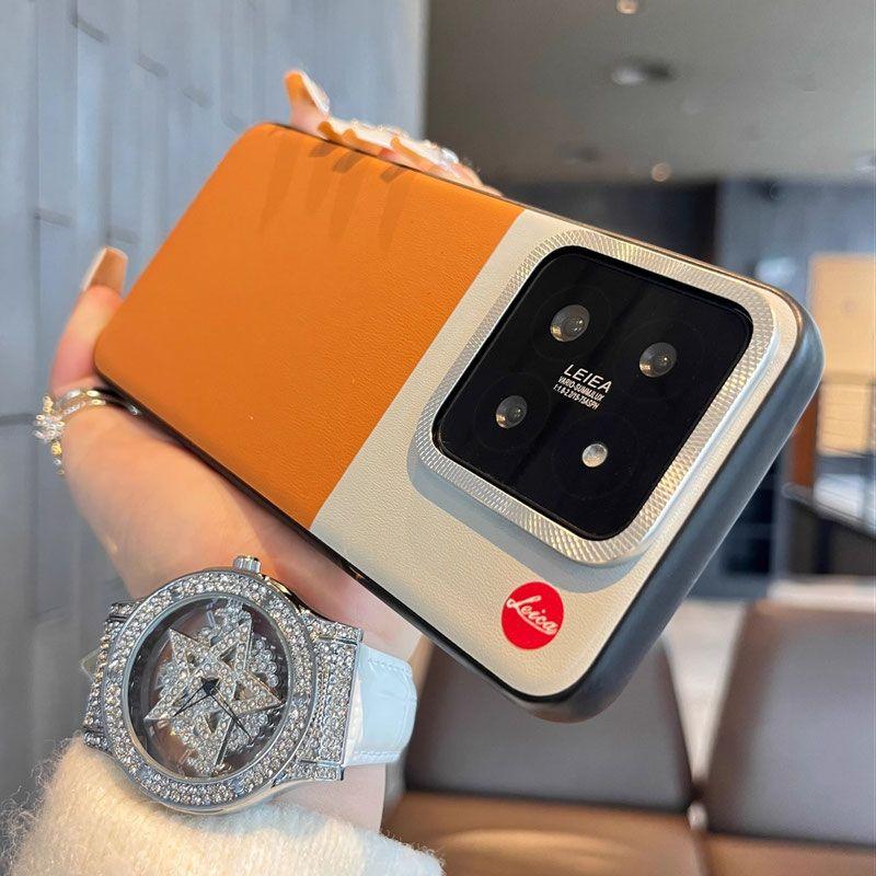 Mi 14 Plain Leather Paris Nail Metal Lens Mi14pro Simple Color Matching Mobile Phone Case Internet Celebrity Versatile
