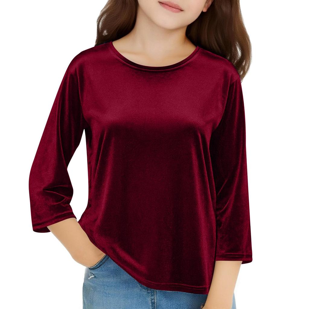 Girls Velvet Tops 3/4 Sleeve T-Shirts Velour Tees Shirts Color Basic Tshirts For Kids
