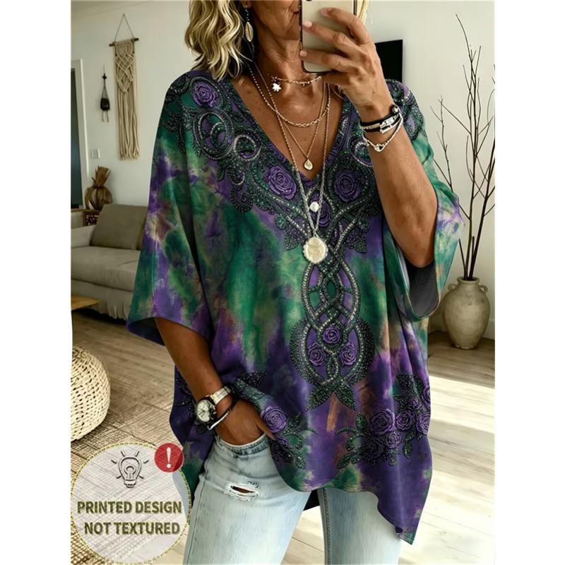 T-shirt da Donna Taglie Forti con Scollo a V e Maniche a Pipistrello Stampa Etnica Bohemien Top Largo Estivo Comodo Traspirante per il Pendolarismo Quotidiano Casual