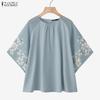 ZANZEA Women Casual Round Neck Loose Mesh Splice 3/4 Sleeve Blouse
