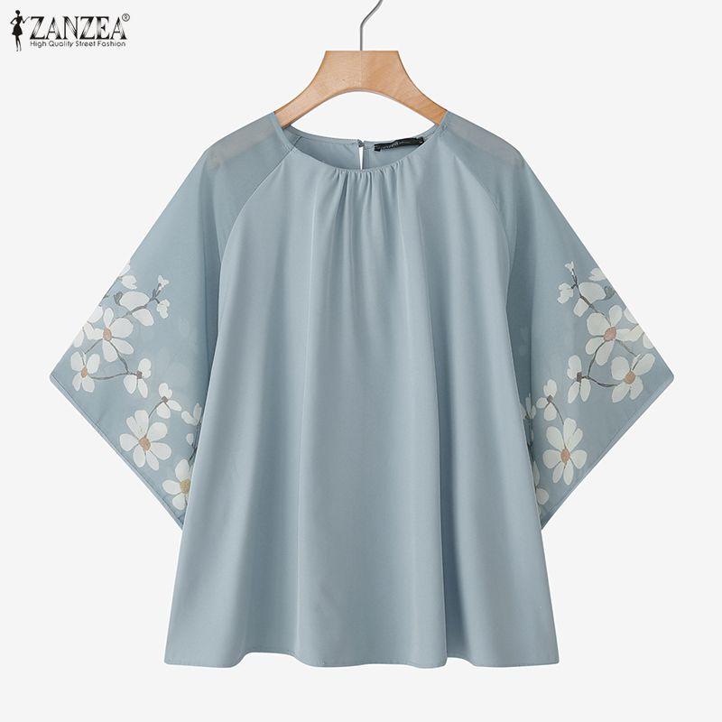 ZANZEA Women Casual Round Neck Loose Mesh Splice 3/4 Sleeve Blouse