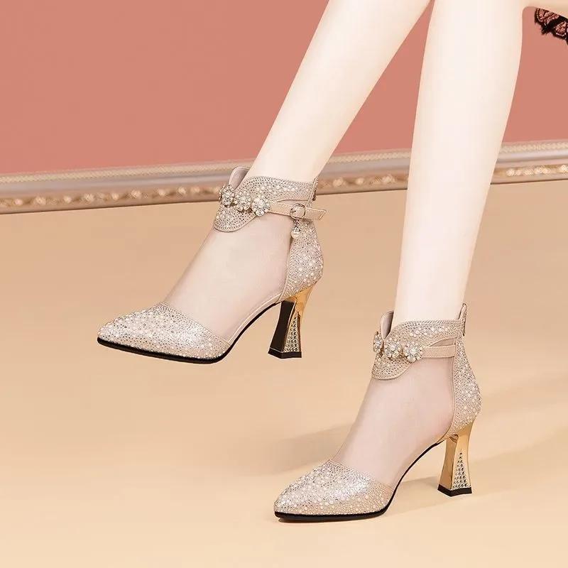 Summer Women Fashion Pointed Mesh Breathable Rhinestone High Heel Korean Style Comfortable Cool Boots for Women Sandals