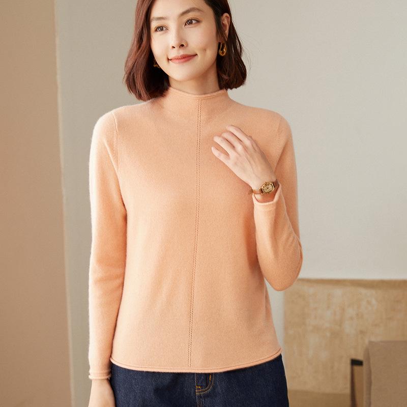 Women's High Neck Cashmere Wool Pullover – Solid Color, Half Sleeve, Inner Rolled Edge, Perfect Base Layer for Autumn/Winter.