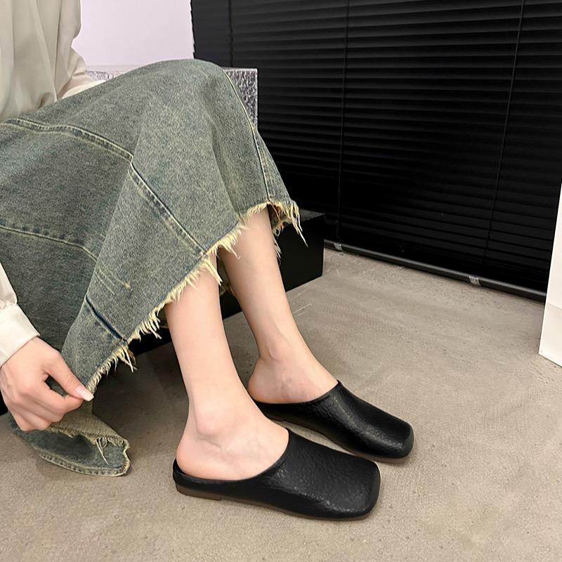 Fashion Spring New Style Baotou Flat Shoes Women's Square Head Deep Mouth Soft Sole Anti-slip Wear-resistant Slippers