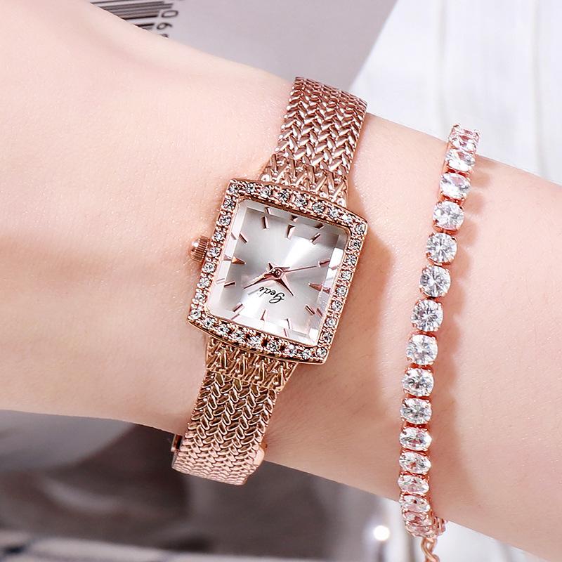 Mesh Belt Retro Square Women'S Watch Luxury Diamond-Encrusted High-End Watch Women'S Quartz Watch