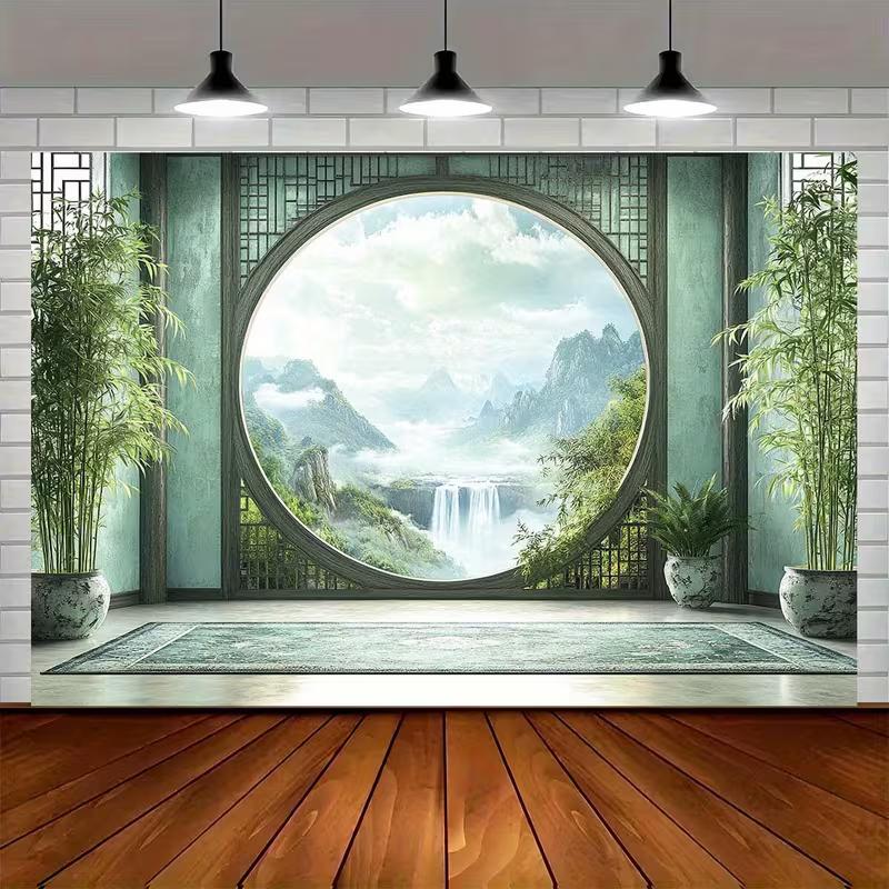 2D Oriental Bamboo and Misty Mountain Backdrop Photography Background Banner