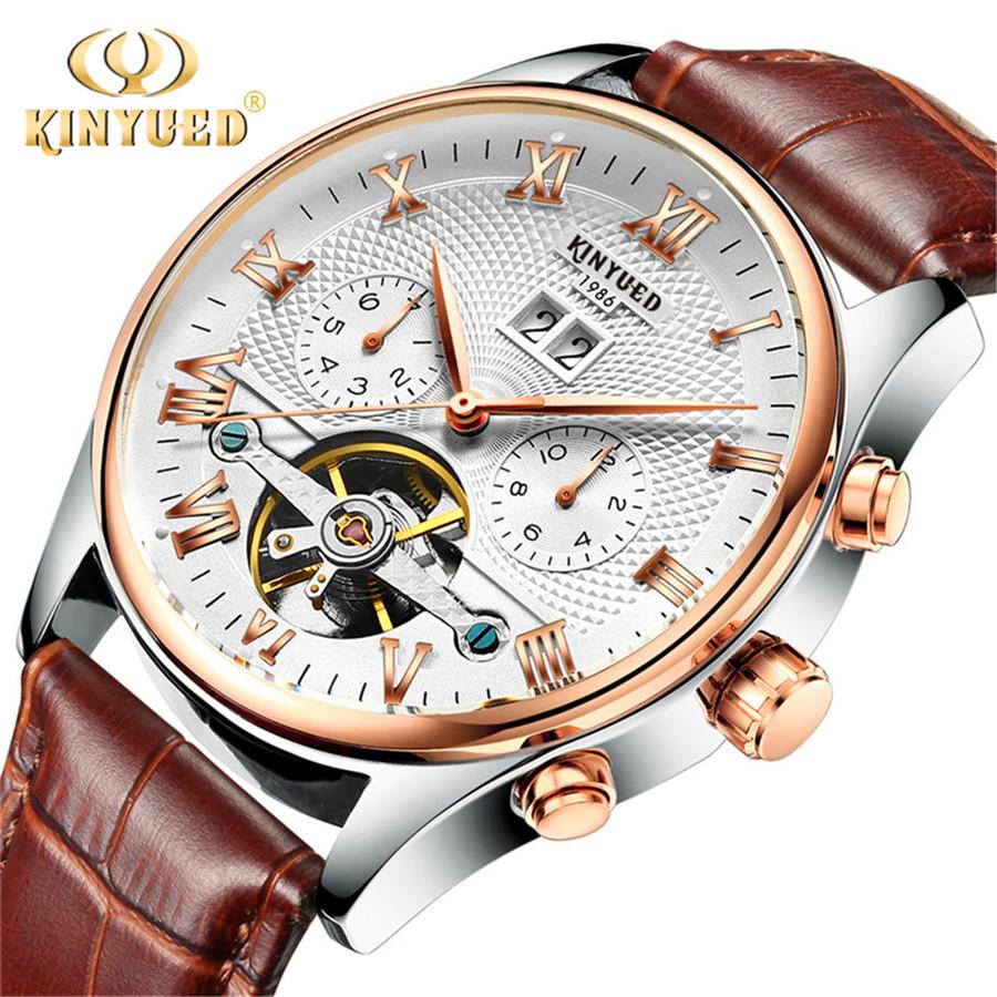 KINYUED Orologi da Uomo Tourbillon Moda Business Automatico Meccanico Uomo Casual Pelle Impermeabile Orologio Relogio Masculino