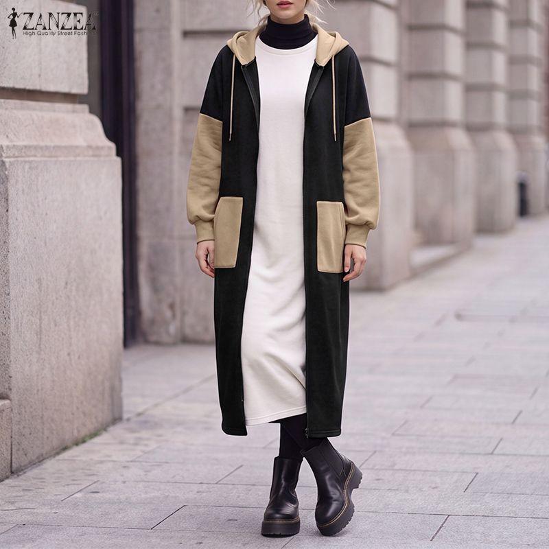 ZANZEA Women Long Sleeve Casual Patchwork Long Hooded Sweatshirts
