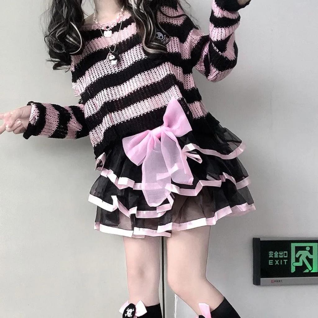 Striped Gothic Sweaters Women Ripped Holes Loose Knitted Pullover Frayed Fairy Grunge Jumpers Streetwear Lolita