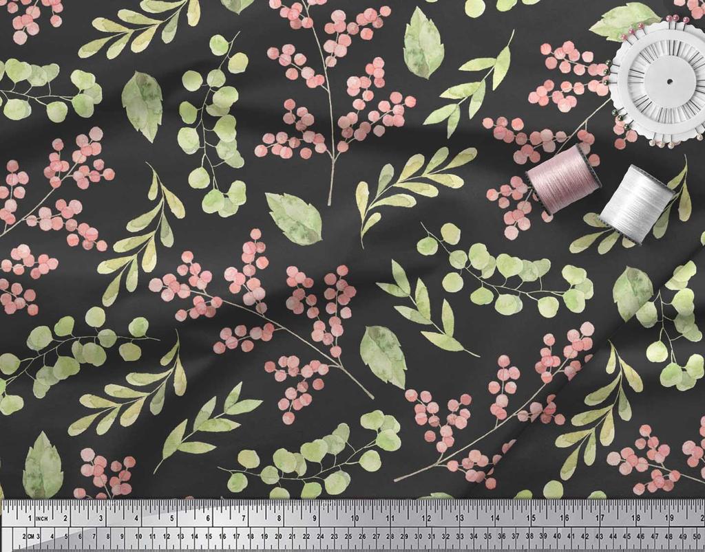 Soimoi Black Japan Crepe Satin Fabric Red Berries & Leaves Printed Craft Fabric by the Metre 42 Inch