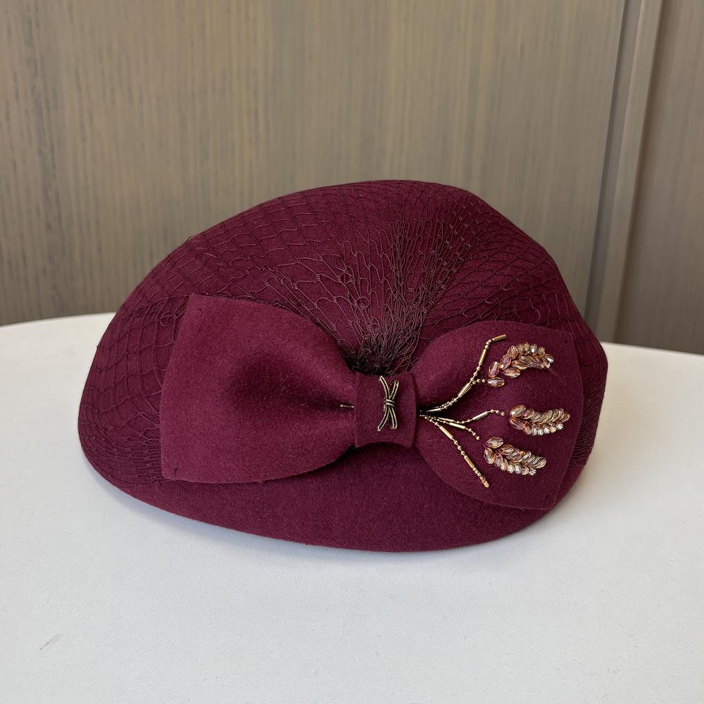Autumn And Winter New Mesh Rhinestone Bow Wool Beret Female French Retro Painter Hat Elegant Temperament Top Hat