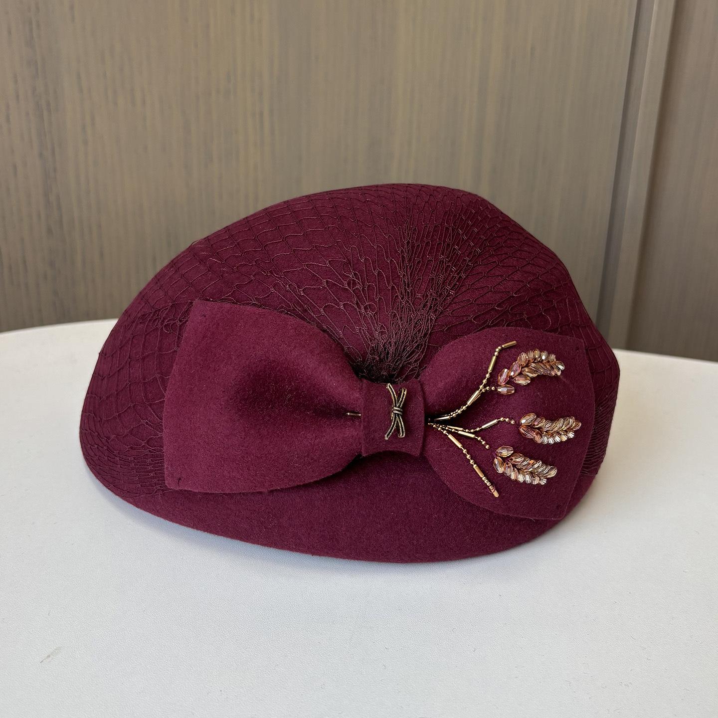 

Autumn And Winter New Mesh Rhinestone Bow Wool Beret Female French Retro Painter Hat Elegant Temperament Top Hat Adjustable бордовий