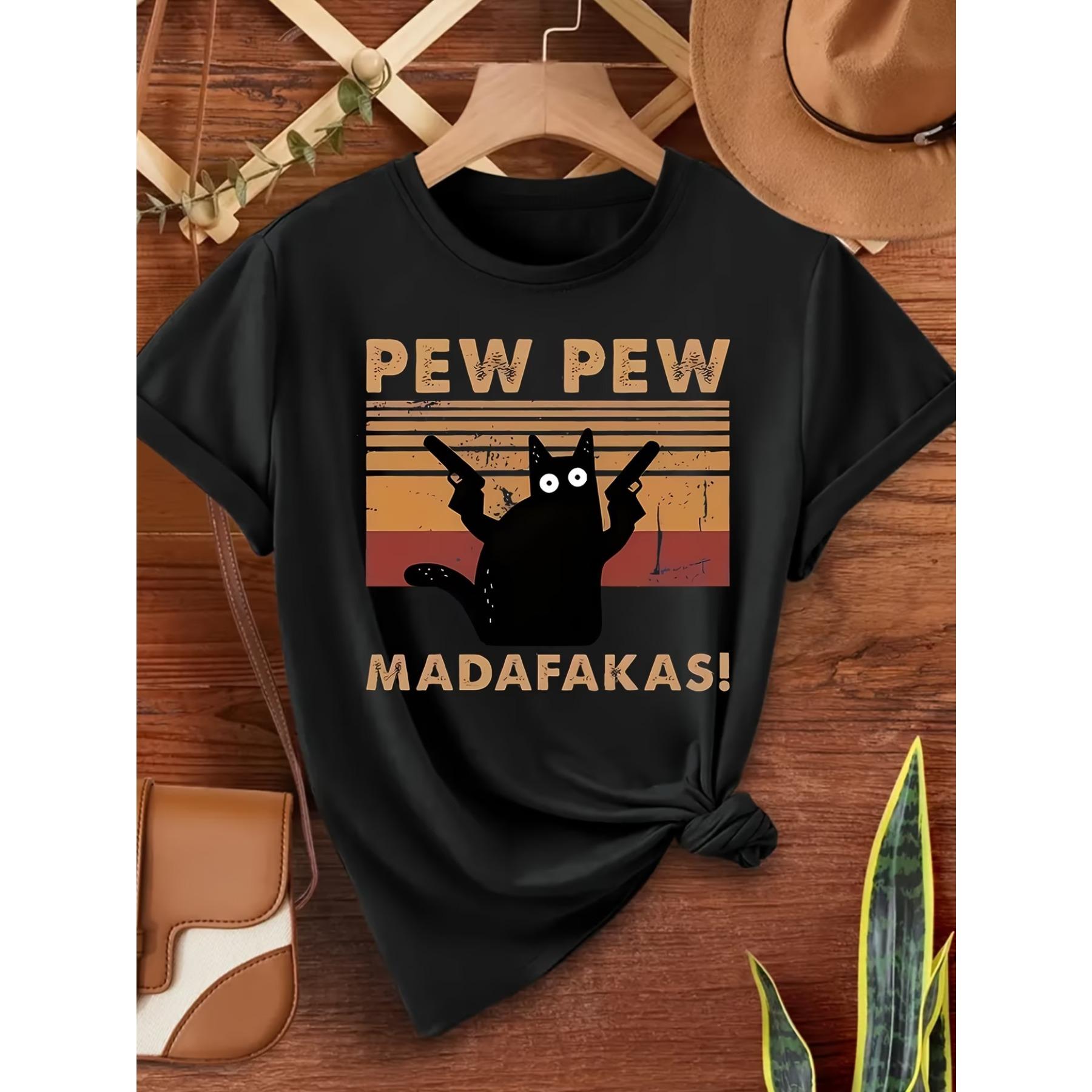 

Pew Pew Madafakas Funny Cat Graphic T-Shirt - Casual Crew Neck Polyester Tee with Animal Print, Slight Stretch Fabric, Short Sleeve S чёрный