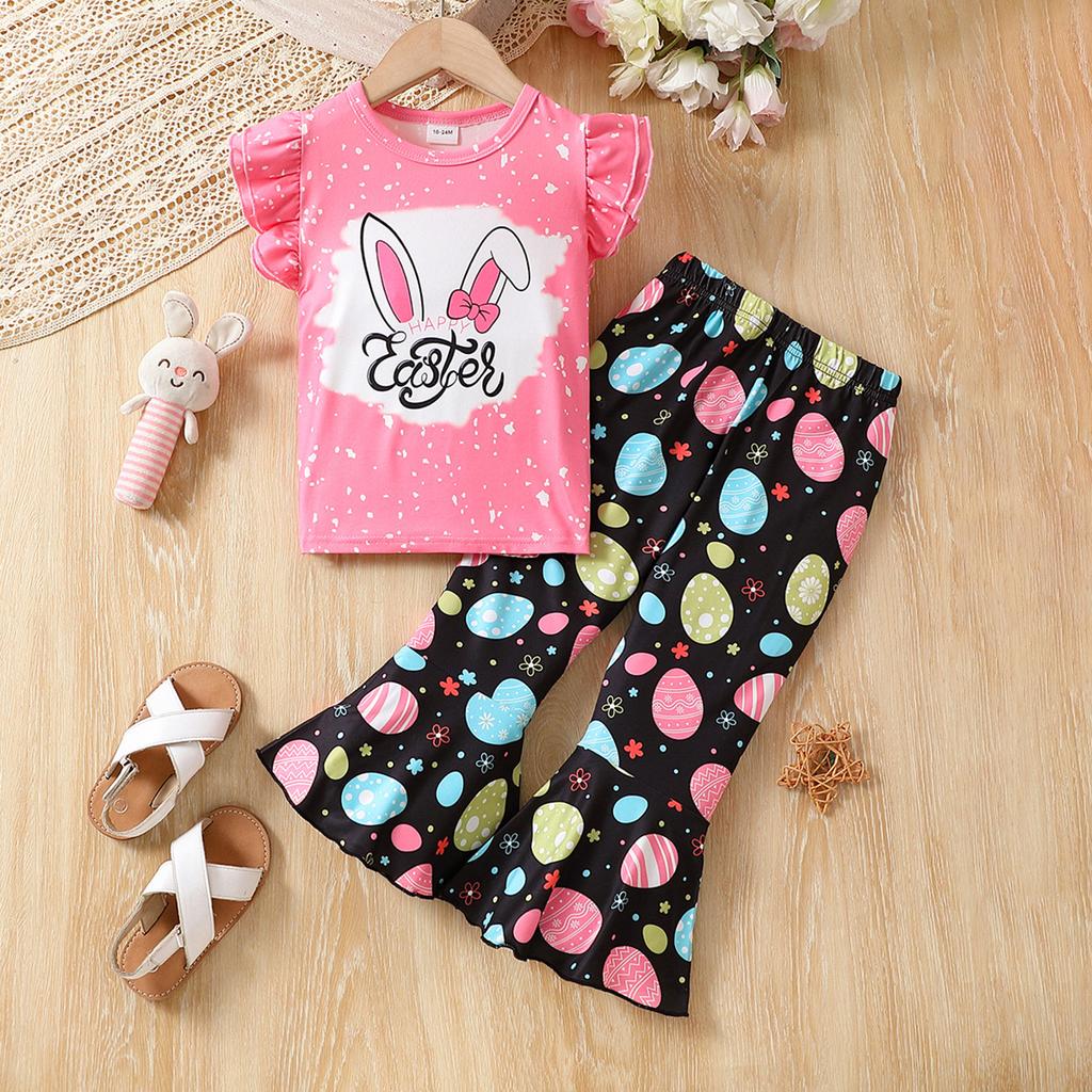 Baby Girl 2Pcs Easter Outfits Short Sleeve Tops and Plain Flare Pants Set Toddler Clothes