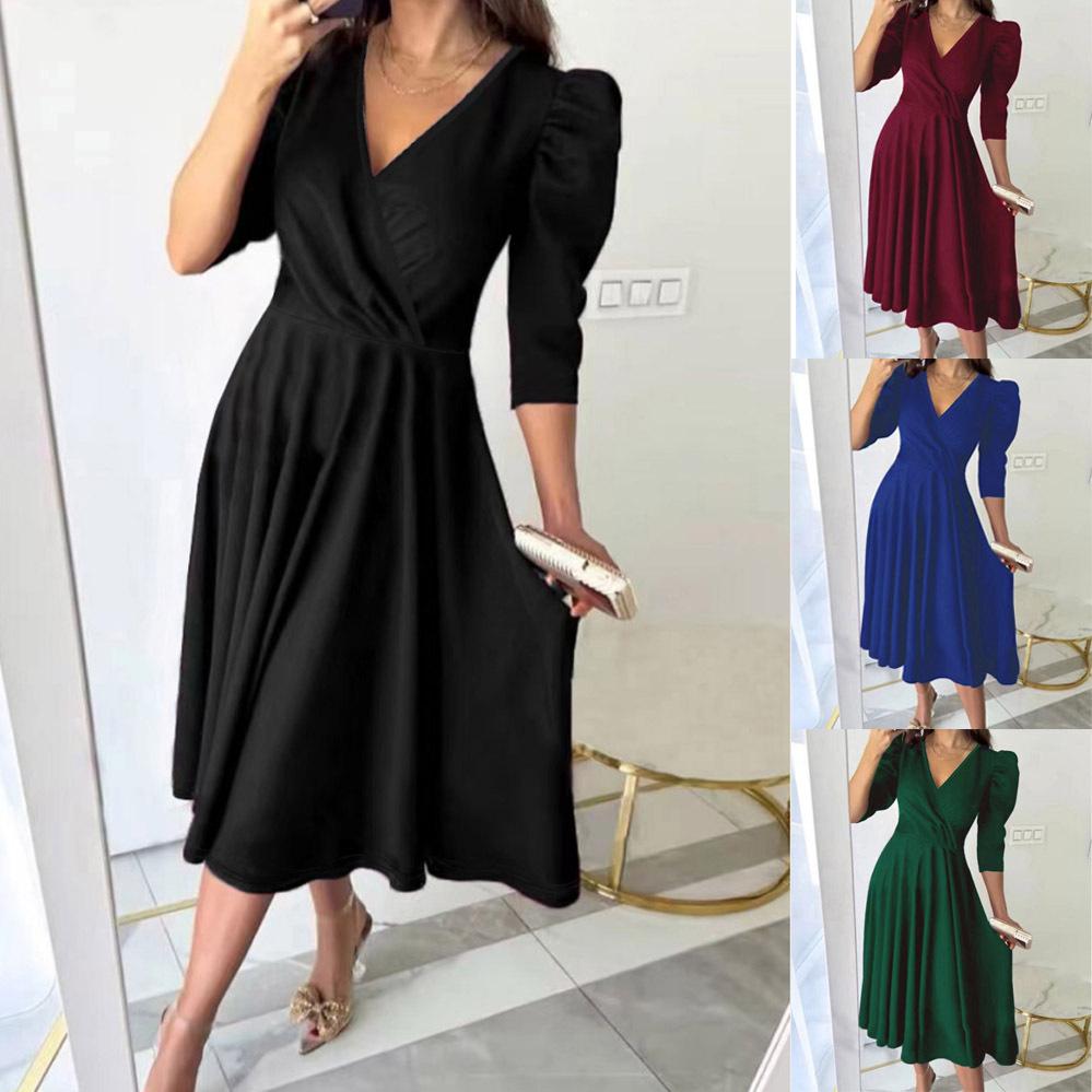 2024 Women's Solid Color Pleated Waist Three-quarter Sleeve Swing Dress