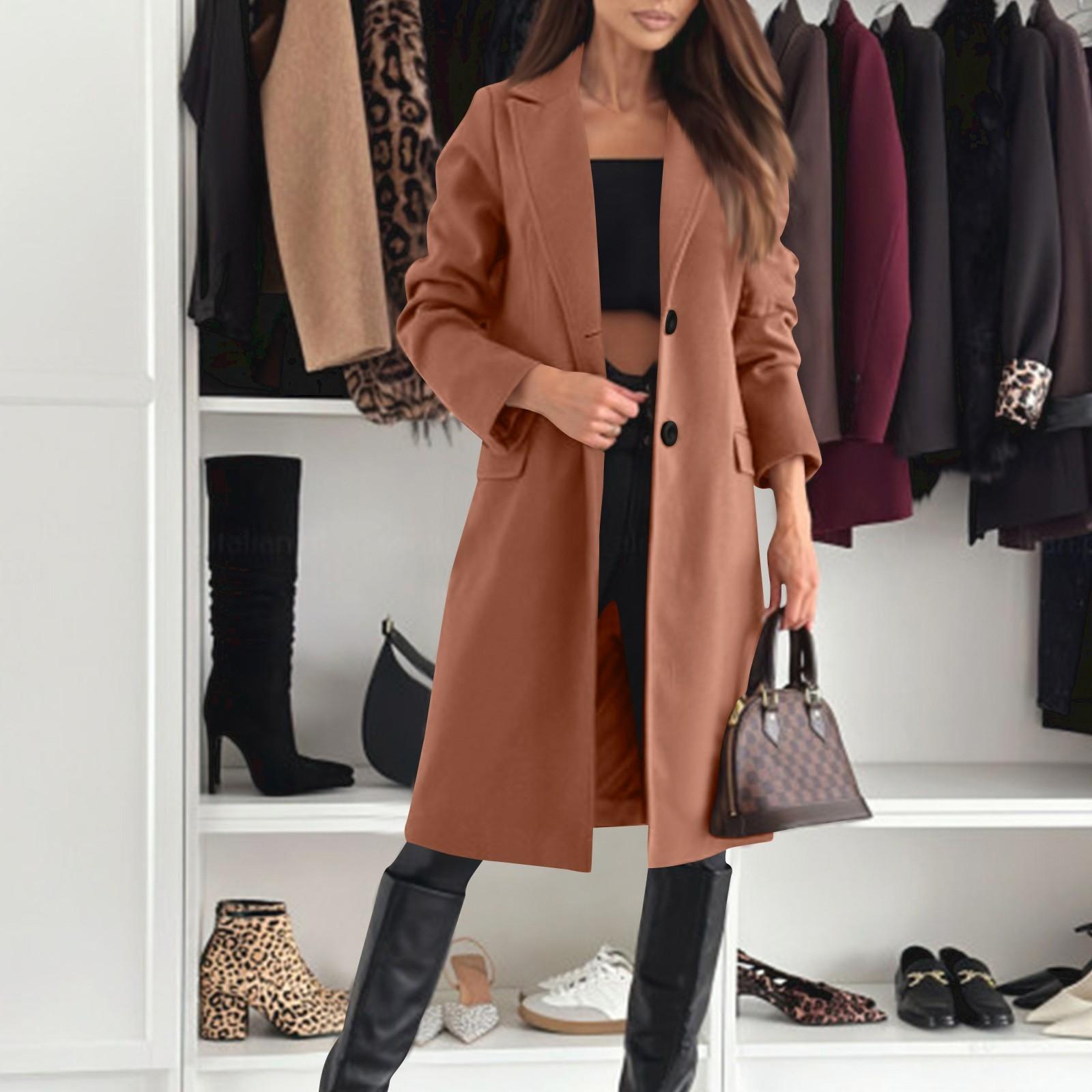 

Женское однобортное шерстяное пальто средней длины с лацканами и длинными рукавами S кофейный