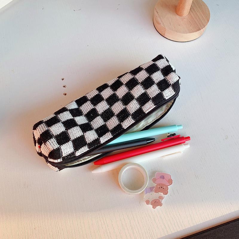 Large-capacity Knitted Pencil Case Korean Version of Ins Checkerboard High-value Student Stationery Box Simple Pencil Case