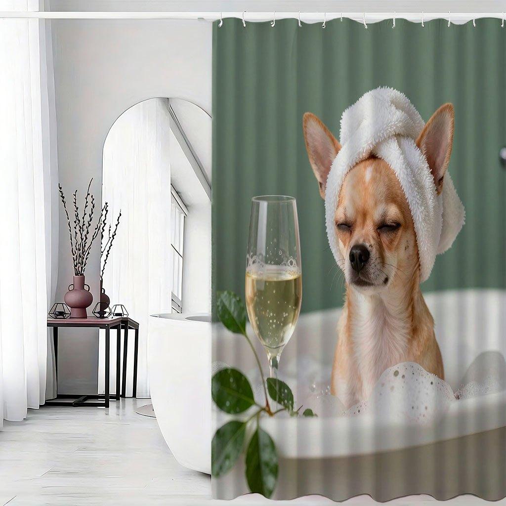 Funny Chihuahua Shower Curtain, Dog Spa Bath Print, Humorous Animal Bathroom Decor, Waterproof Fabric Panel