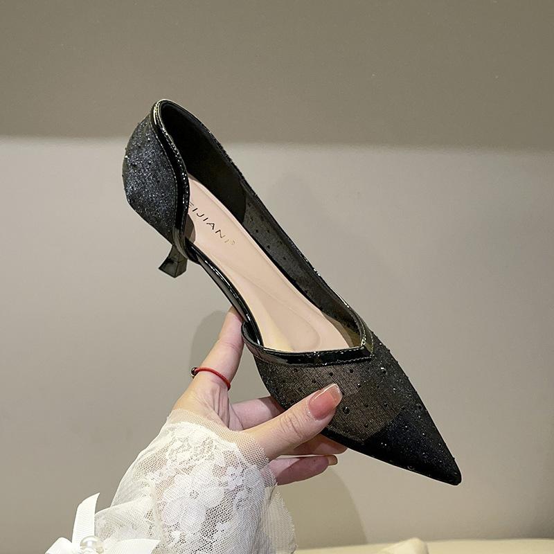 Celebrity Temperament Mesh Point Diamond High Heels Women's Thin Heels Side Empty Pointed Single Shoes Bag Head Sandals Breathable