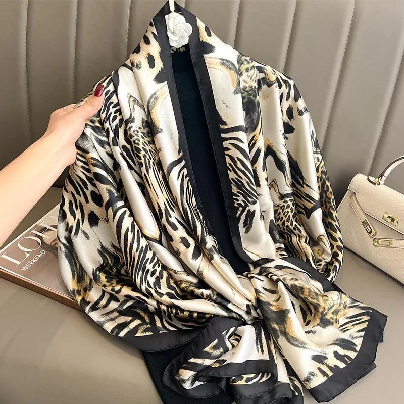 Korean Style Fashion Leopard Print Silk Scarf Women'S Sunscreen Beach Towel Holiday Shawl Silk Simulation Neck Warmer