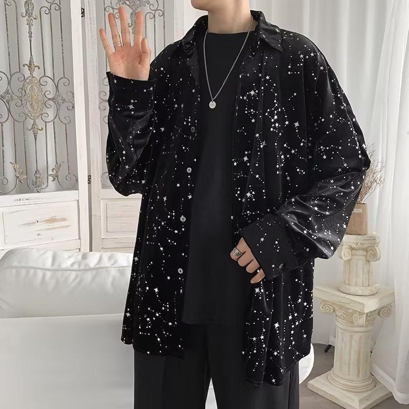 Spring and Autumn Black Starry Sky Elastic Draping Shirt Men's Casual Loose Outer Wear Shiny Shirt Youth Fashion Cardigan