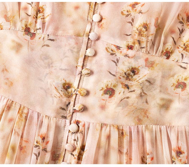 Fairy Pink Floral Short-Sleeve Mulberry Silk Dress - Seaside Holiday Long Skirt