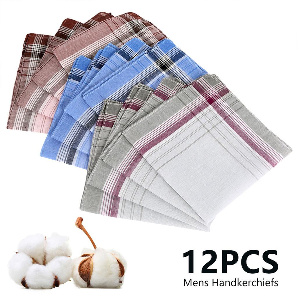 12Pcs Mens Handkerchiefs Cotton Square Plaid Hankies with 3 Styles Reusable Washable Pocket Handkerchiefs for Men Women Party