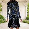 Women Plus Size Long Sleeve Round Neck A Line Black Golden Floral Printed Dress