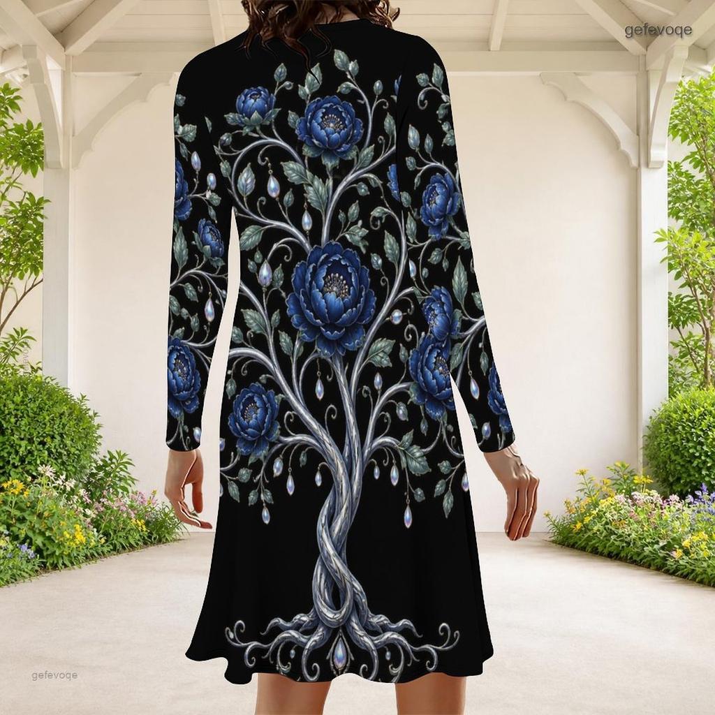 Women Plus Size Long Sleeve Round Neck A Line Black Golden Floral Printed Dress